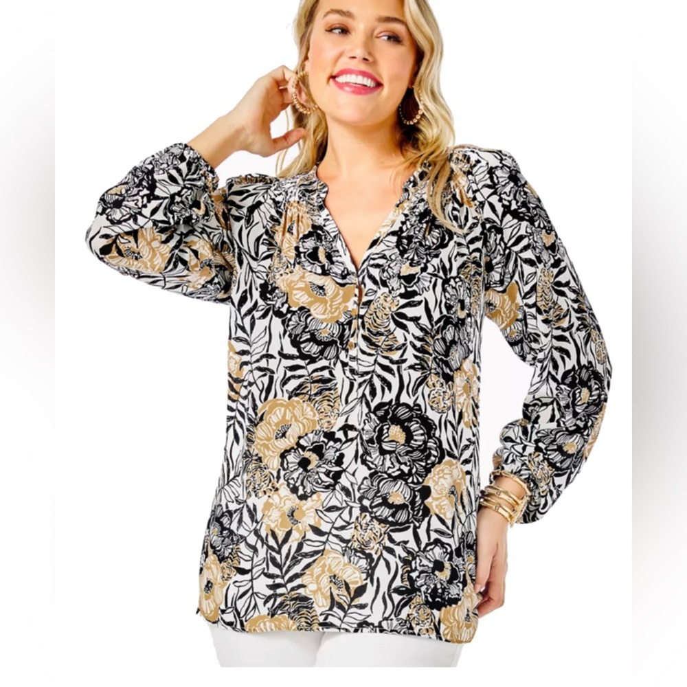 Lilly Pulitzer Elsa Silk Top in Onyx Peony print size XL